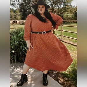 Brown polka dot pocket lantern sleeve maxi dress